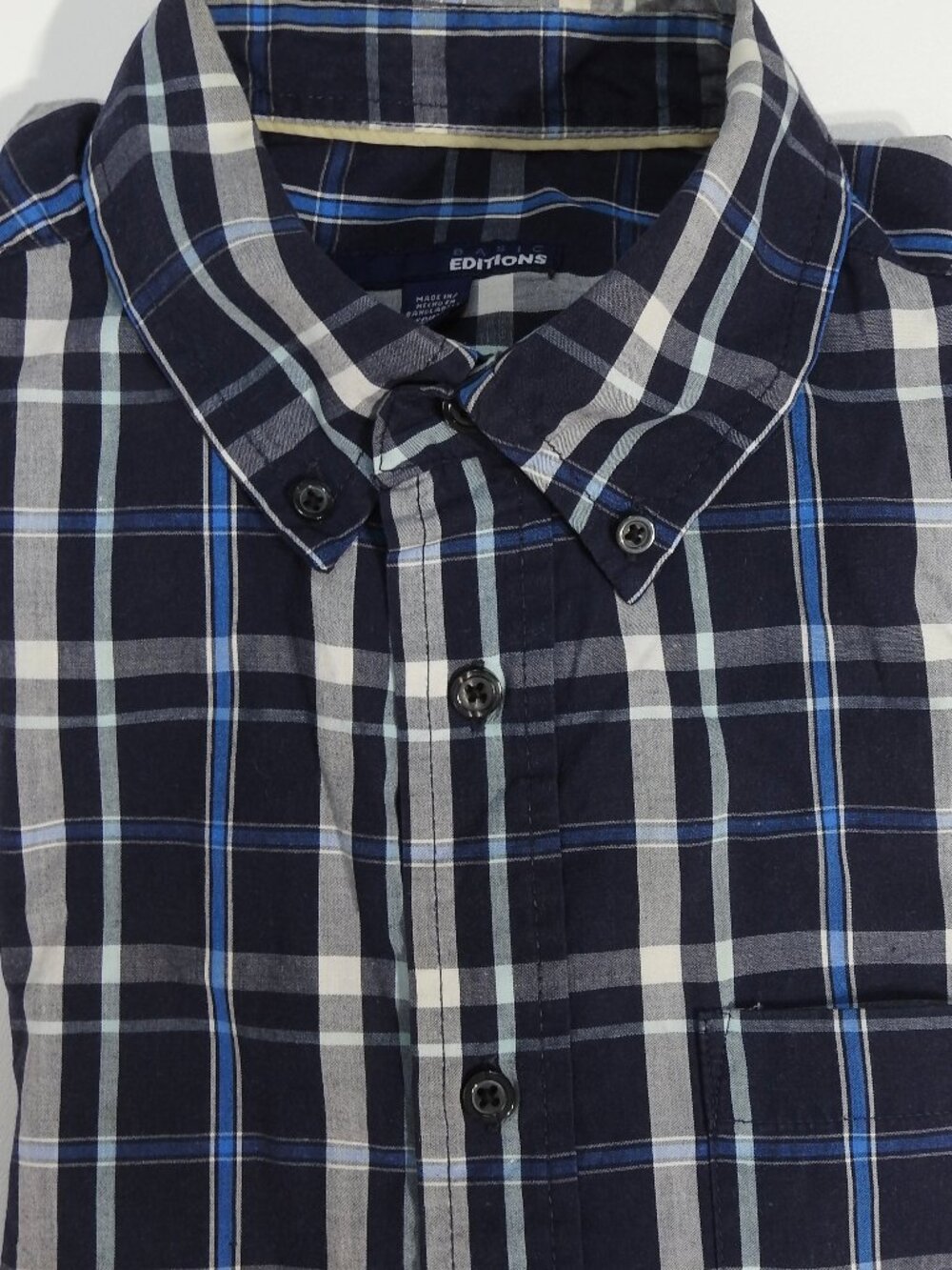 Basic Editions Mens Med Short Sleeve Blue Plaid Button Down Shirt